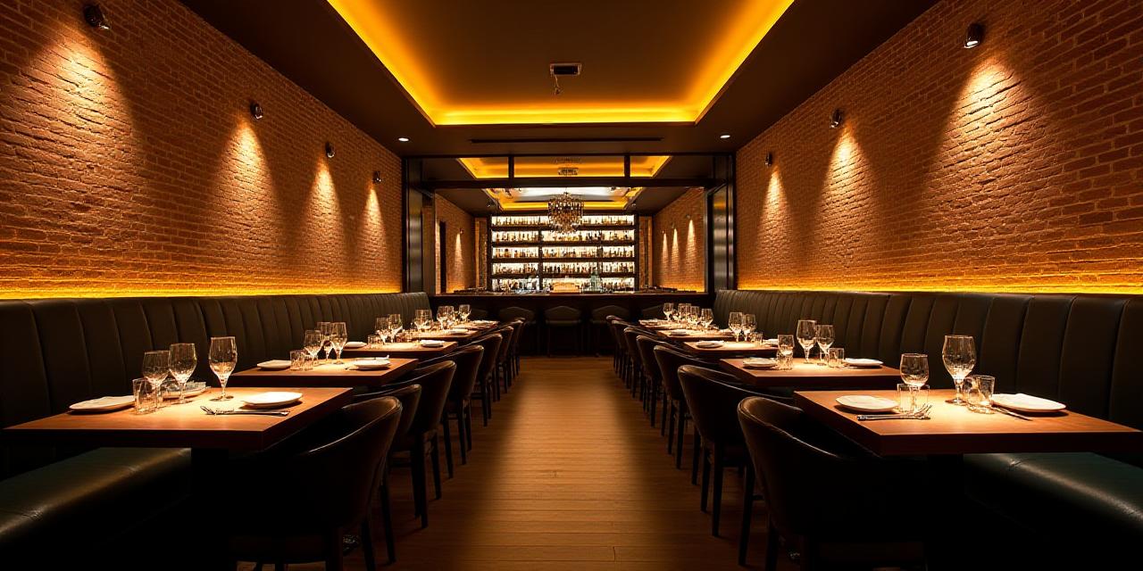 Illuminazione d'atmosfera nelle sale del ristorante con focus sugli archi